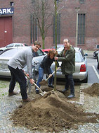 Stefanie Remlinger, Mathias Kraatz und Andreas Otto bei der Baumpflanzung